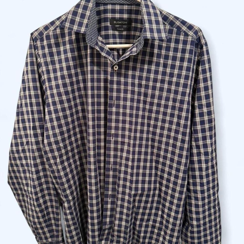 Bugatchi blue and white plaid button-up shirt #preppy #classic. Navy small